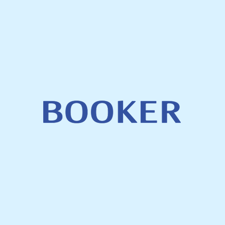The word "BOOKER" in blue on a light blue background.