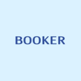 The word "BOOKER" in blue on a light blue background.