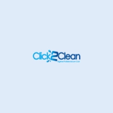 Logótipo Click2Clean com as palavras “Click2Clean” em letras azuis e o slogan “Hygiene Professional Low Cost” por baixo