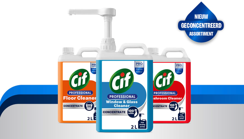 Three Cif Professional concentrated cleaners (Floor, Window, Bathroom) with text "100% Superior Cleaning" and "New Concentrated Assortment."