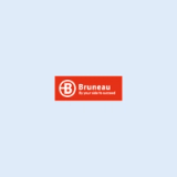Bruneau logo with a white stylized 'B' in a circle, the name 'Bruneau', and the slogan 'Unidos hacia el éxito' on a red background.
