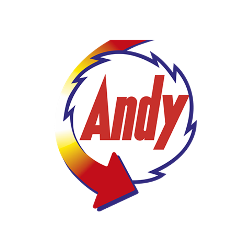 the logo for super andy is red and blue on a white background .