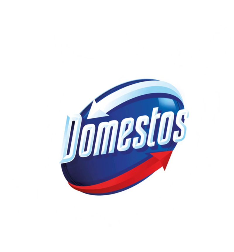 Domestos logo: white text on a blue oval with curved arrows.