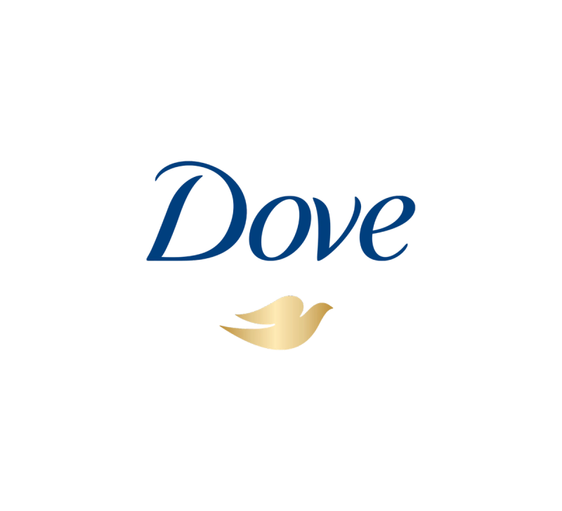 Logo Dove s modrým psaným textem a zlatým symbolem holubice