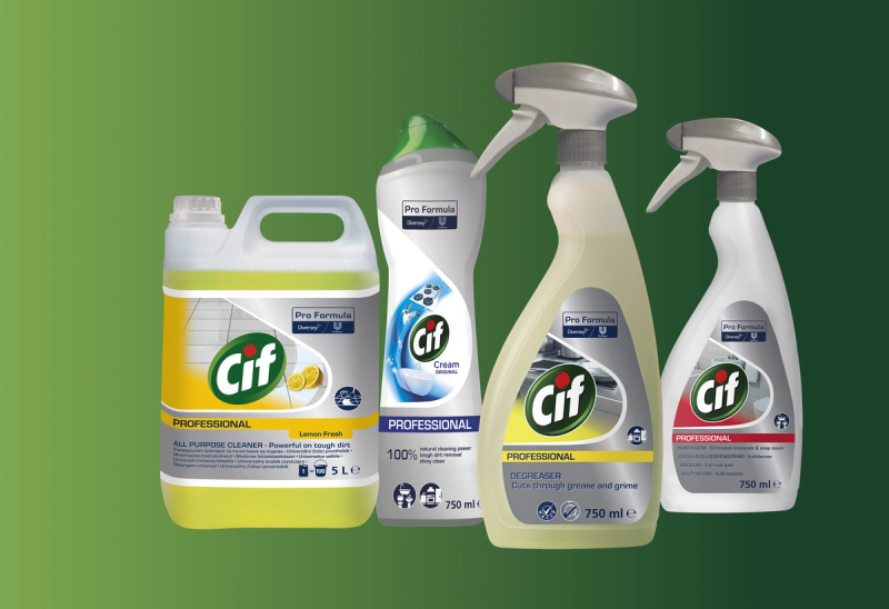 four bottles of cif professional cleaning products on a green background