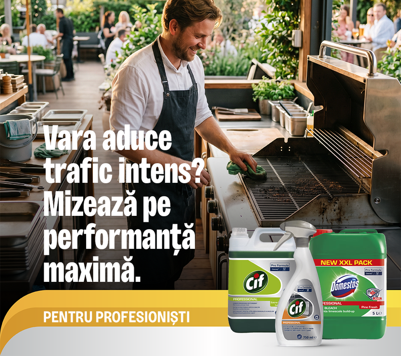 A chef cleans a grill on a restaurant patio while Cif and Domestos professional cleaning products are displayed. Text: "Does summer bring intense traffic? Rely on maximum performance. FOR PROFESSIONALS."