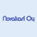 The word "Novakari Oy" written in a stylized blue outline font on a light blue background.
