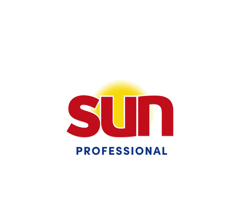 Sun Professional-logo med rød tekst "sun" og et gult solikon samt blå tekst "PROFESSIONAL" nedenunder.