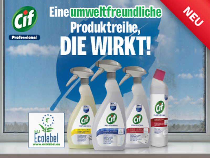 Ad for new Cif Professional environmentally friendly cleaning products, featuring four bottles, the EU Ecolabel, and text: "A range that WORKS!"