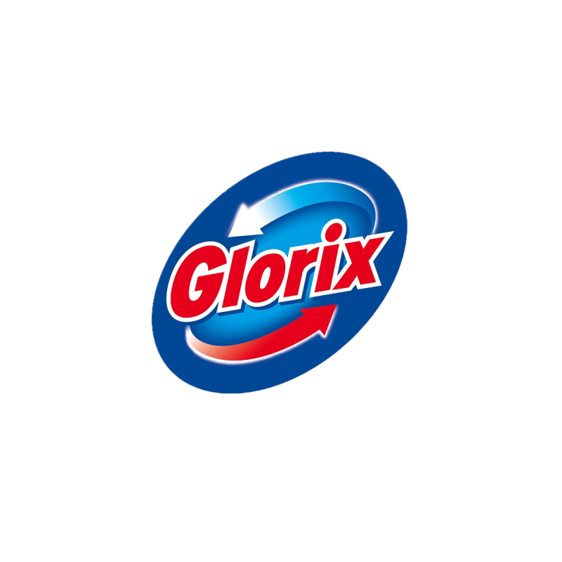 Logo Glorix sur un ovale bleu avec du texte rouge et des flèches tourbillonnantes blanches et rouges