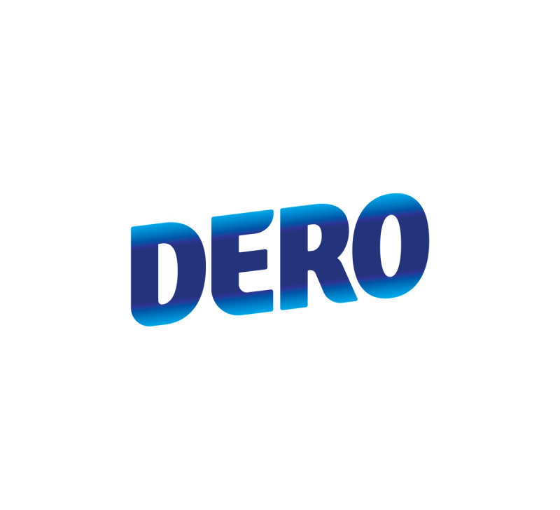 Cuvântul „DERO” în litere aldine, cu un gradient albastru și un contur alb