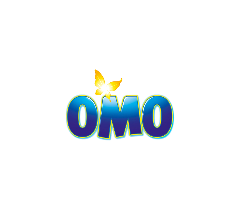 Logo OMO bleu avec un papillon jaune lumineux