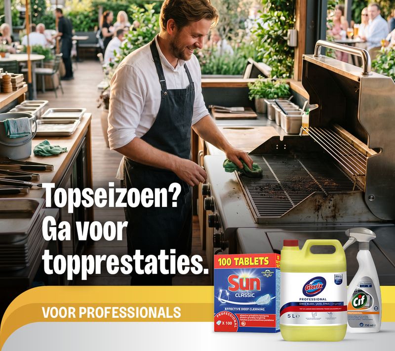 Chef cleaning a large outdoor restaurant grill, with professional cleaning products displayed.