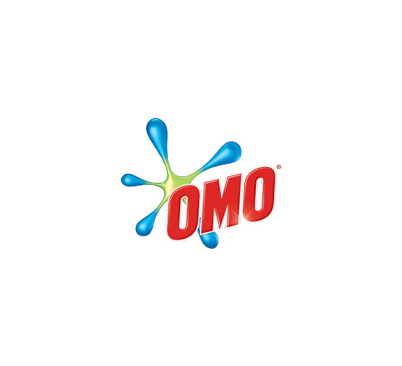 OMO logo with red text and a green and blue splash design.