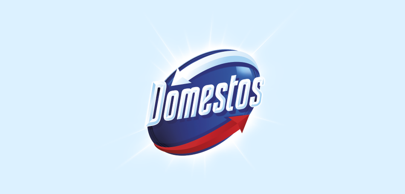 Domestos logo with white lettering on a blue oval, with a white arrow at the top and a red arrow at the bottom