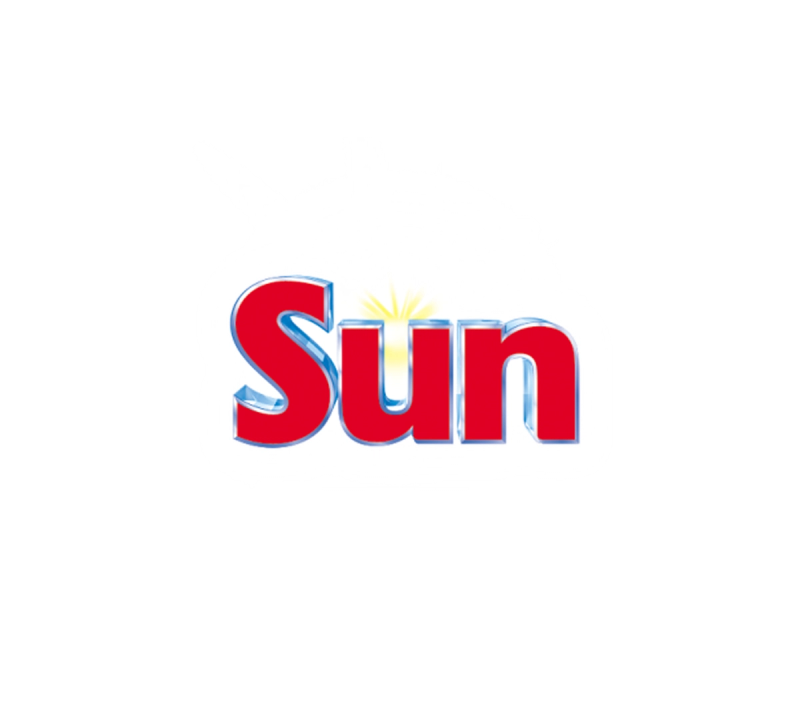 Logotipo de Sun: texto rojo en 3D con contornos azules y un destello de sol amarillo