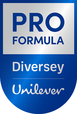 Pro Formula Diversey- und Unilever-Logos auf blauem Hintergrund