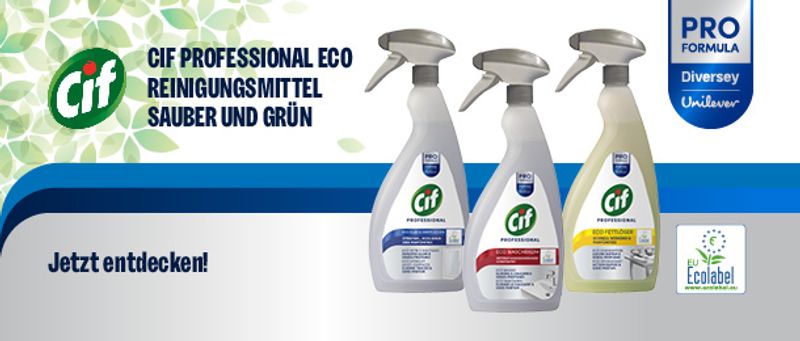 Three Cif Professional Eco cleaning spray bottles, promoting "Clean and Green" with an EU Ecolabel.