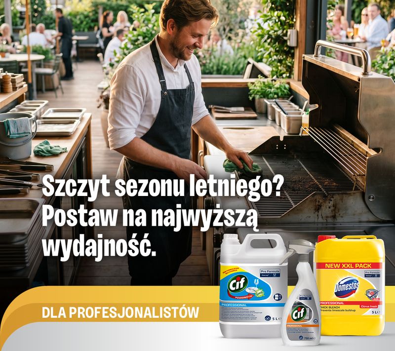 Smiling chef cleaning an outdoor grill, with Cif Professional and Domestos Professional cleaning products in the foreground. Polish text promotes efficiency for professionals during summer.