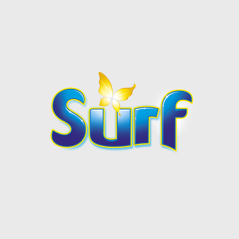 Surf-Logo mit blauem Text, gelbem Rand und einem gelben Schmetterling