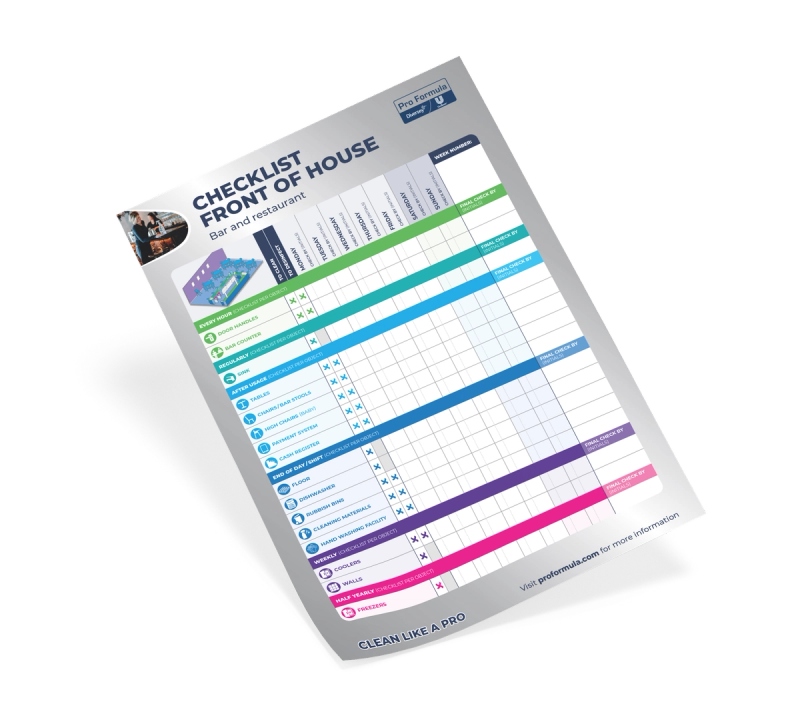 Pro Formula 'Front of House' cleaning checklist for bars and restaurants.