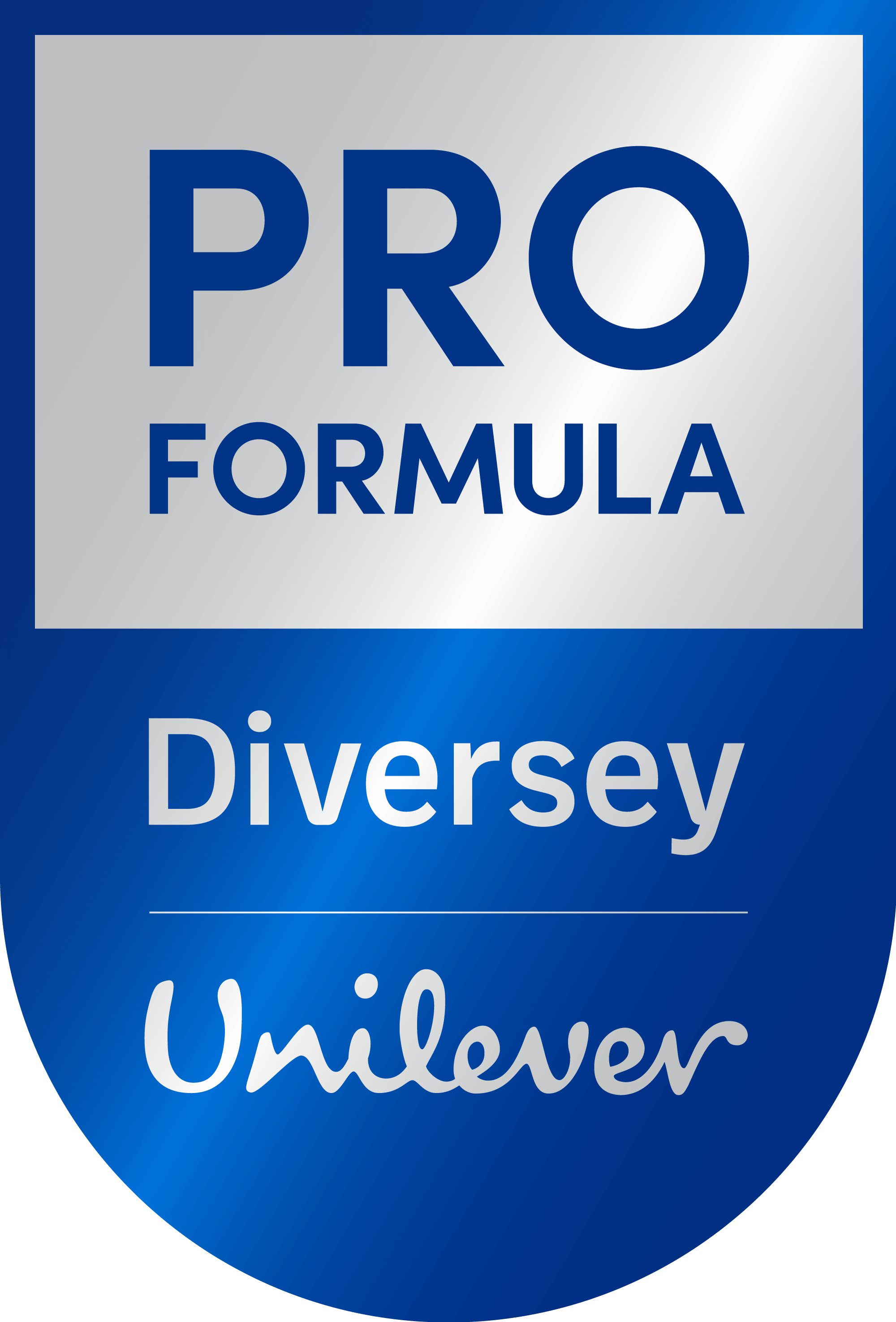 Logo for PRO FORMULA Diversey Unilever, featuring blue and silver text on a shield shape.