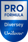 Logo for PRO FORMULA Diversey Unilever, featuring blue and silver text on a shield shape.