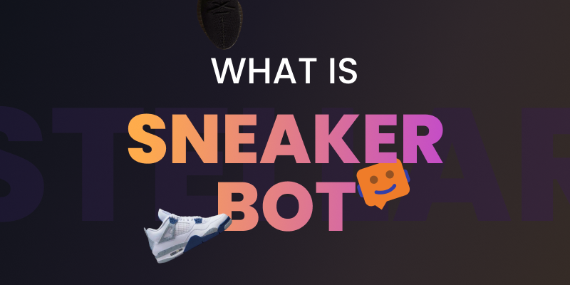 Image displaying a laptop running the Stellar AIO sneaker bot interface alongside various limited-edition sneakers