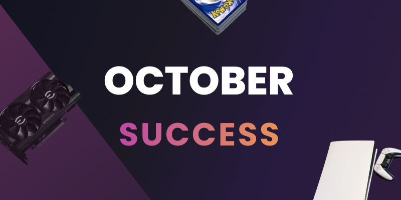 A series of sold-out product thumbnails—PS5 consoles, GPU boxes, and trading card packs—stamped with “Success”