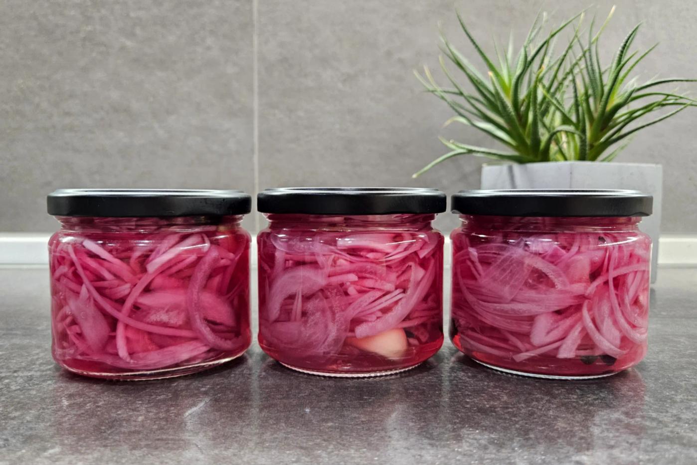 Три скляні банки з тонко нарізаною маринованою червоною цибулею в розсолі на темній поверхні, поруч сукулент у бетонному горщику.