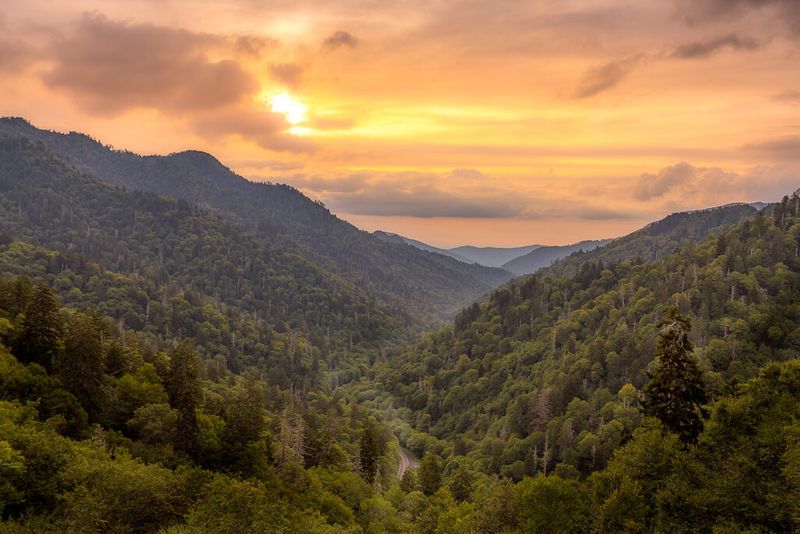 Golden sunset at the Newfound Gap at the Smokey Mountains National Park