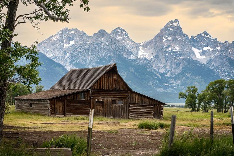 Barn shot with Grand Teton mountains in the background