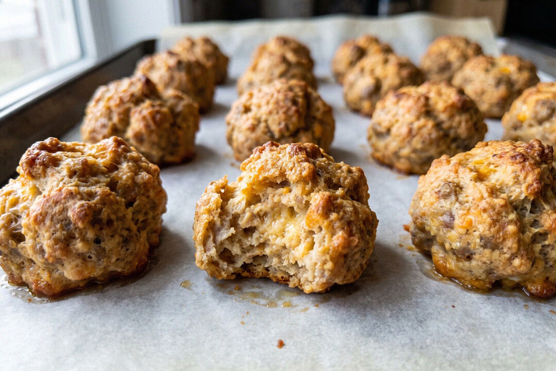 Golden breakfast sausage balls in rows on a parchment-lined baking sheet, fresh out of the oven