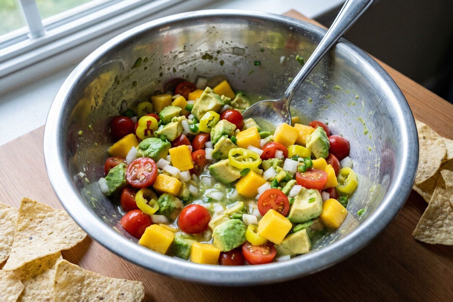 A stainless mixing bowl of chunky garden summer dip — avocado, mango, cherry tomatoes, onion and banana pepper — with a spoon and tortilla chips alongside