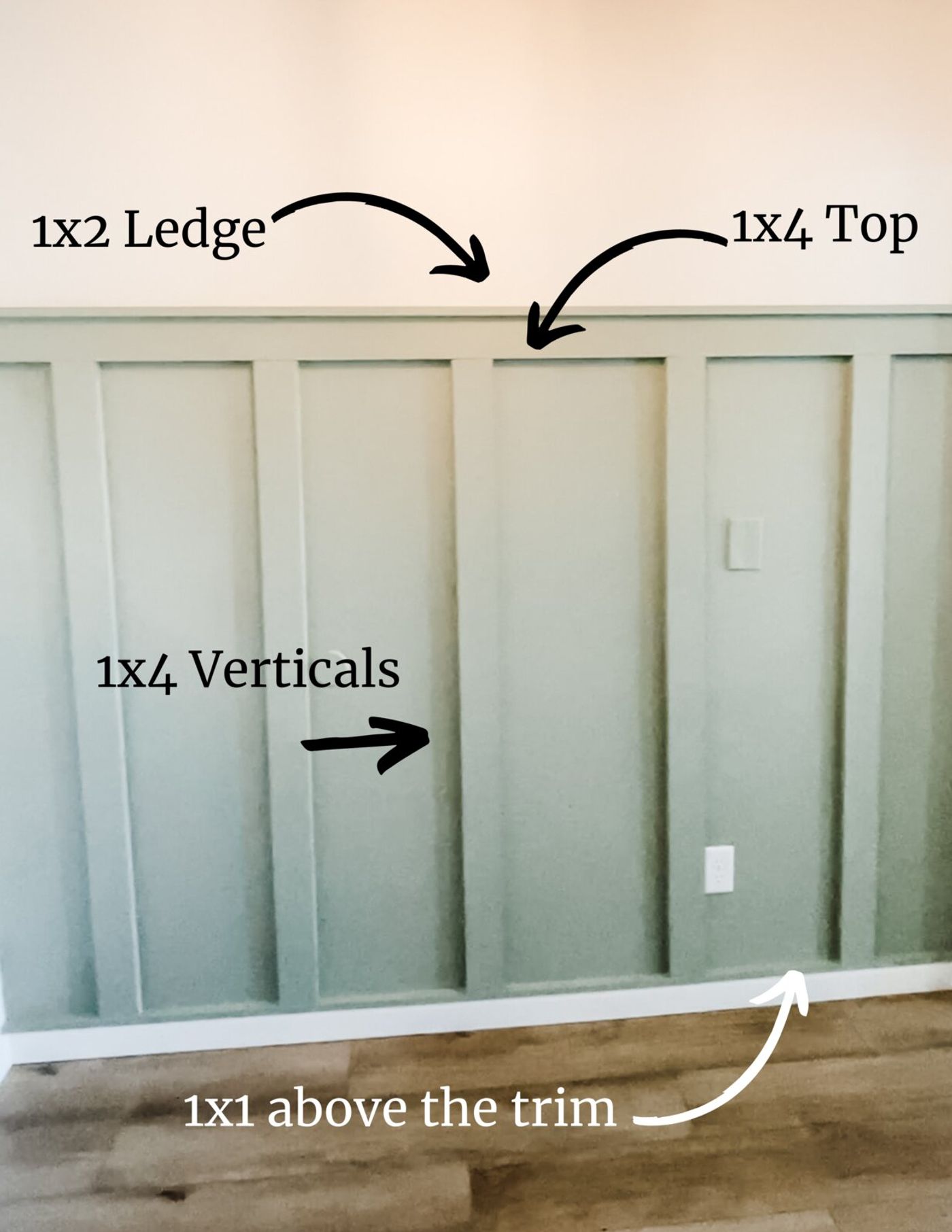 The layout — 1x4 verticals and top, 1x2 ledge, 1x1 above the trim