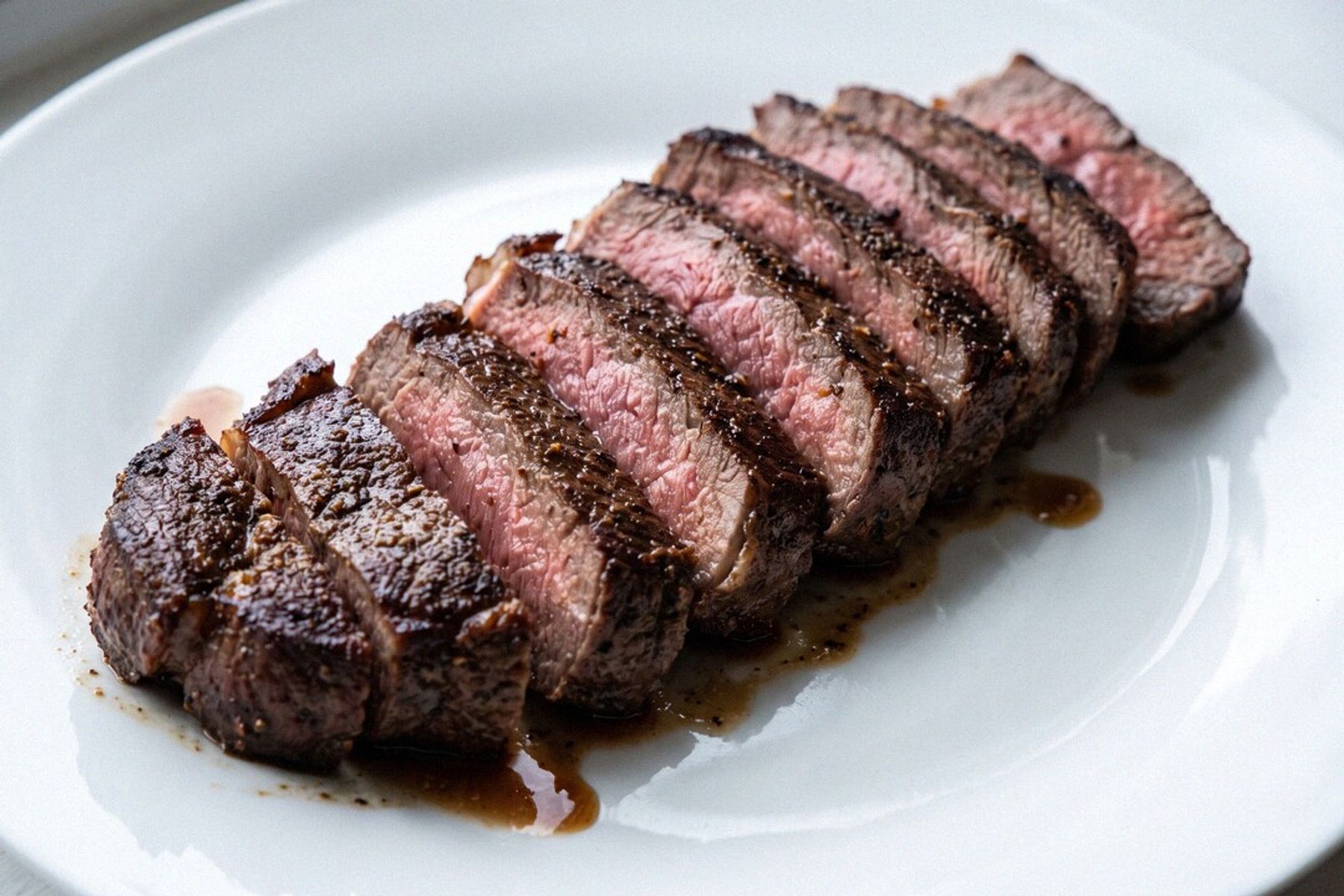 Marinated steak sliced and fanned on a white plate, deep seared crust and medium-rare pink centers with pan juices