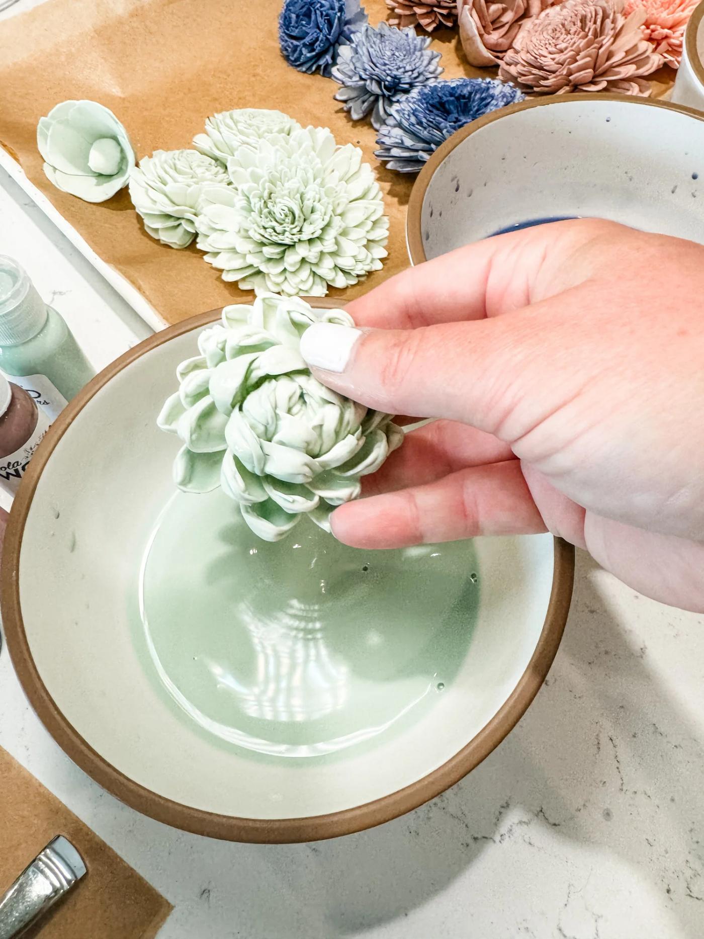 Mixing the sola wood flower dye in soft, coastal colors
