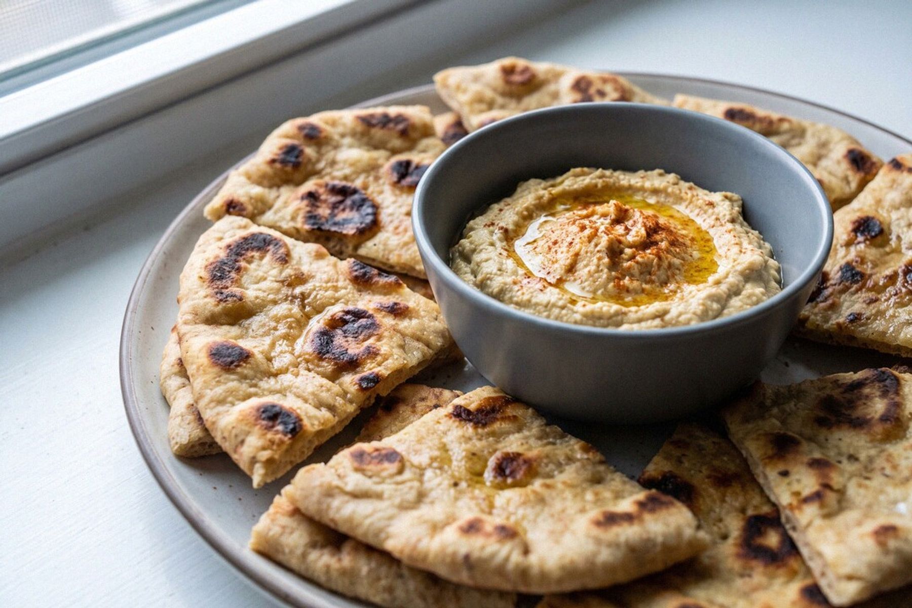 Gluten-free naan cut into wedges arranged around a bowl of creamy homemade hummus