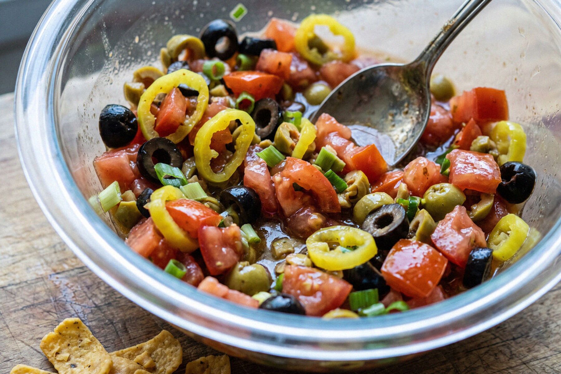 A glass bowl of killer dip — diced tomatoes, black and green olives, and banana peppers glistening in Italian dressing — mid-stir with a spoon, Fritos alongside