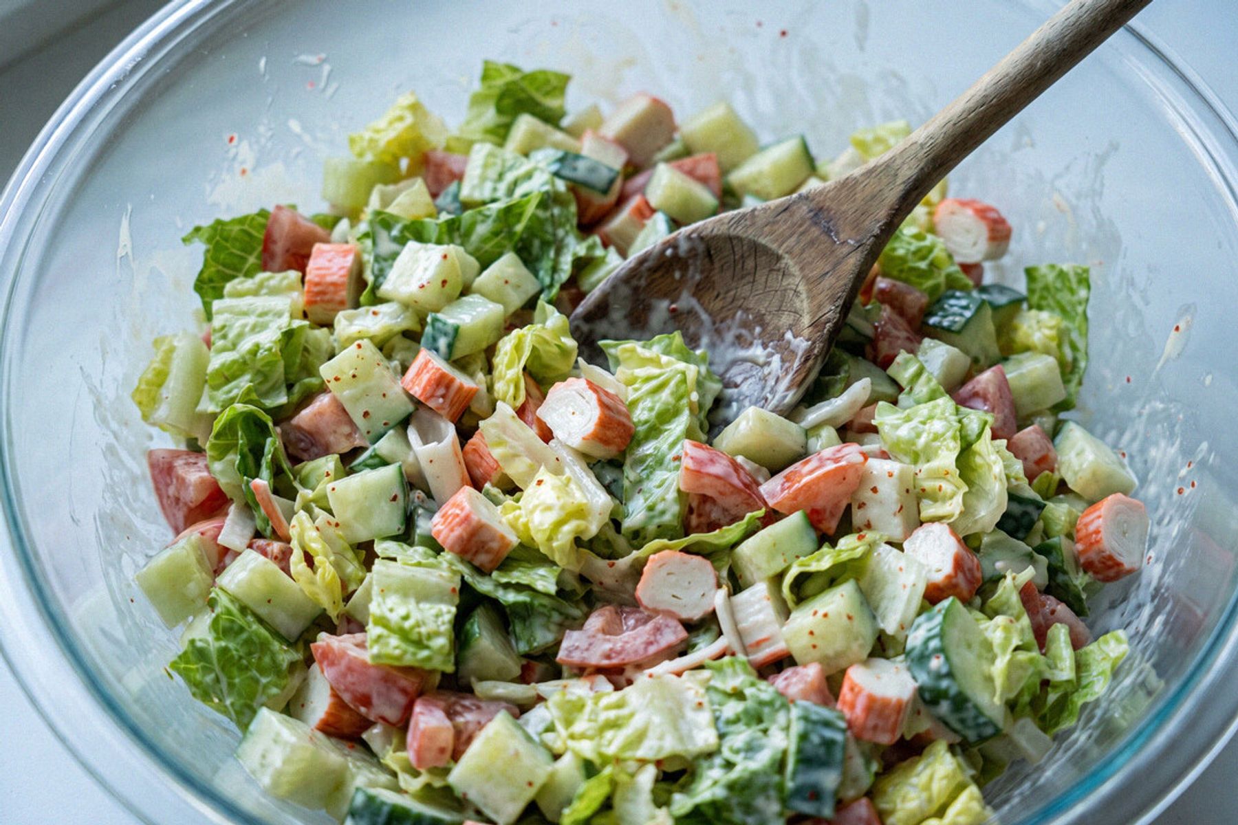 A glass mixing bowl of everyday crab salad — chopped romaine, cucumber, tomato, and imitation crab in a creamy dressing — mid-toss with a wooden spoon