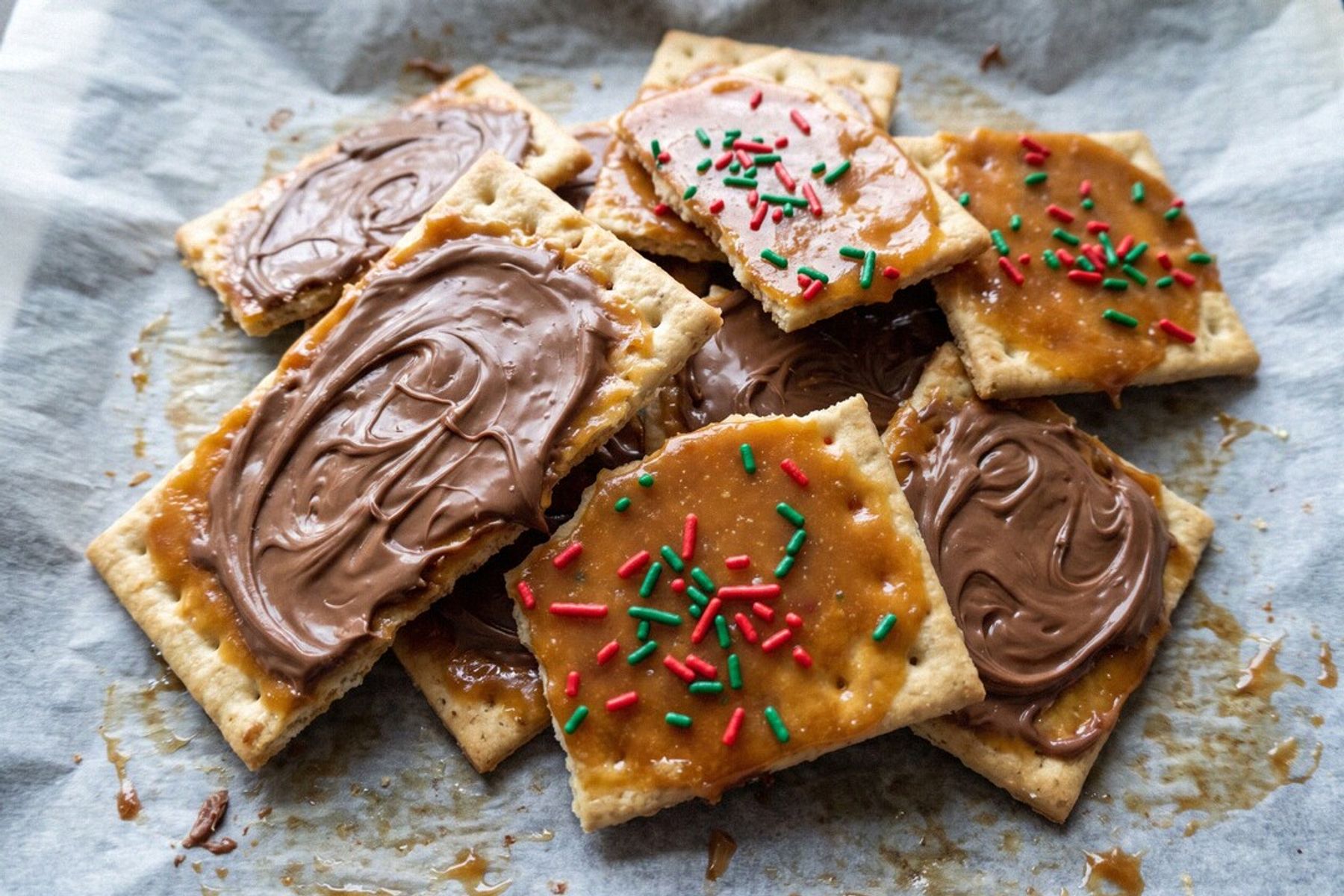 Broken pieces of gluten-free Christmas crack piled on parchment — toffee-topped crackers, some spread with chocolate, some with red and green sprinkles