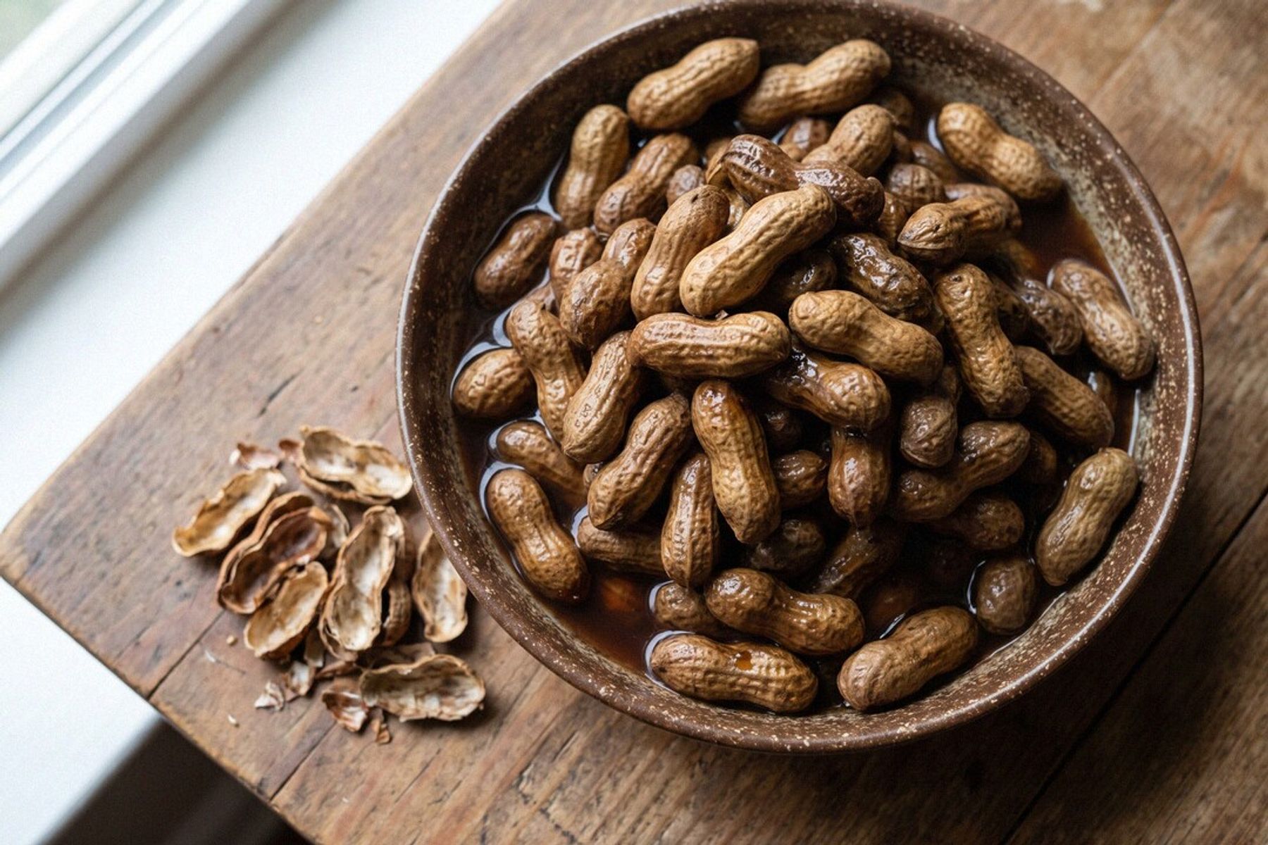 A ceramic bowl of cajun boiled peanuts shot from overhead, wet briny shells piled high with a few cracked-open shells beside the bowl