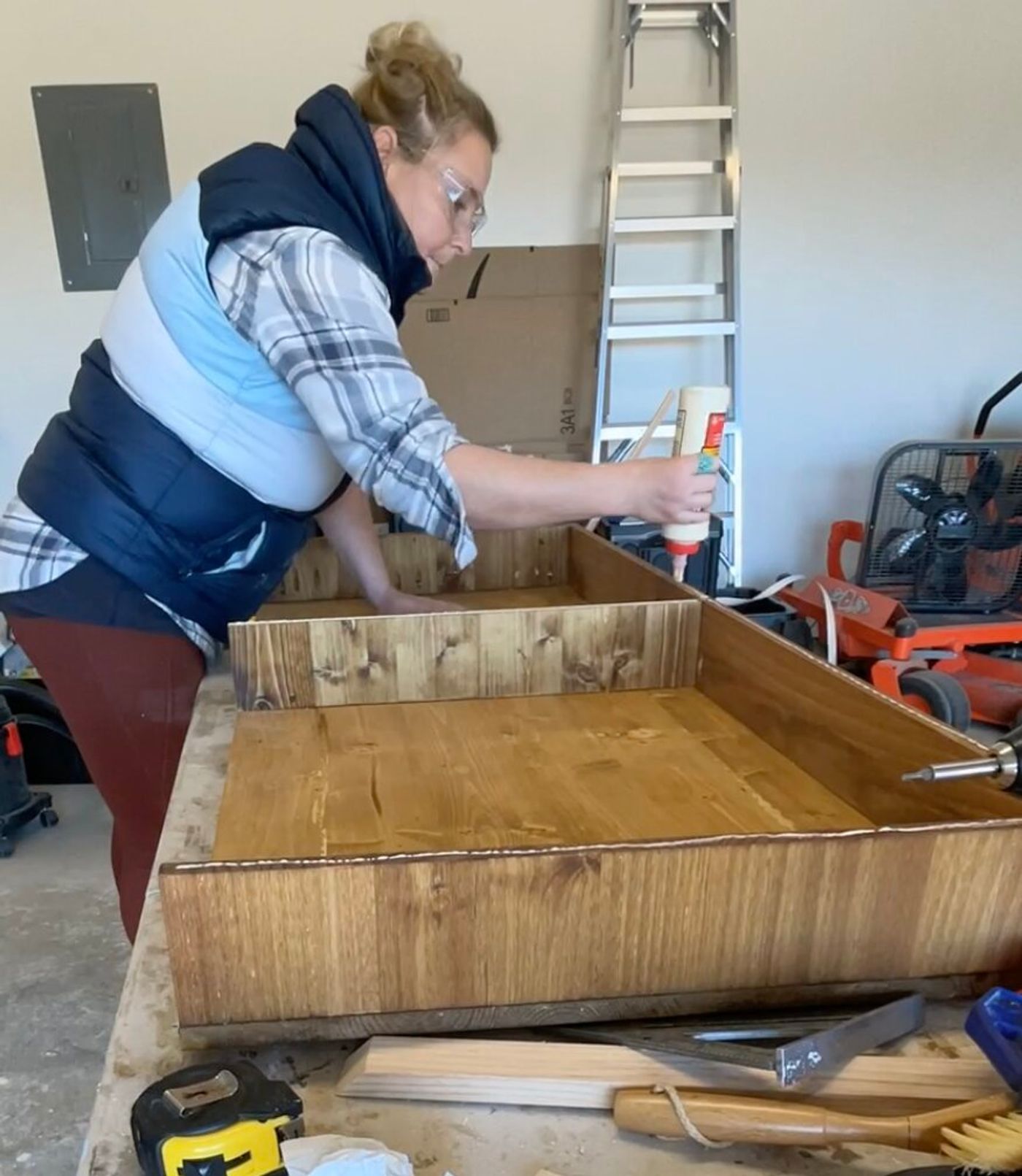 The box taking shape in the garage