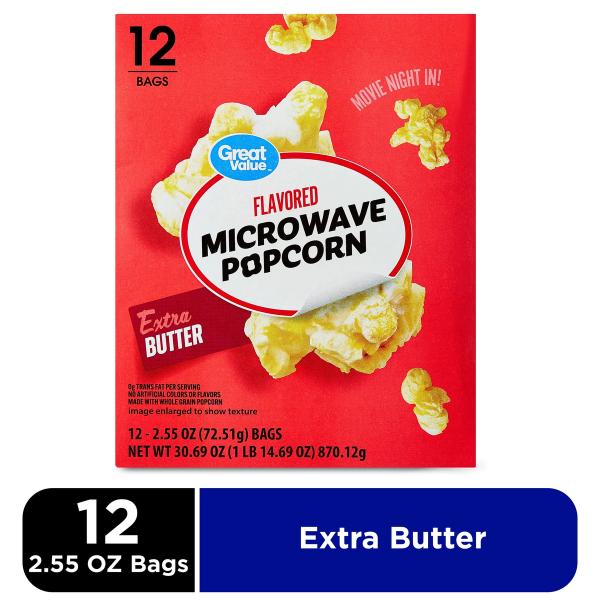 Great Value Extra Butter Flavored Microwave Popcorn, 12 Count