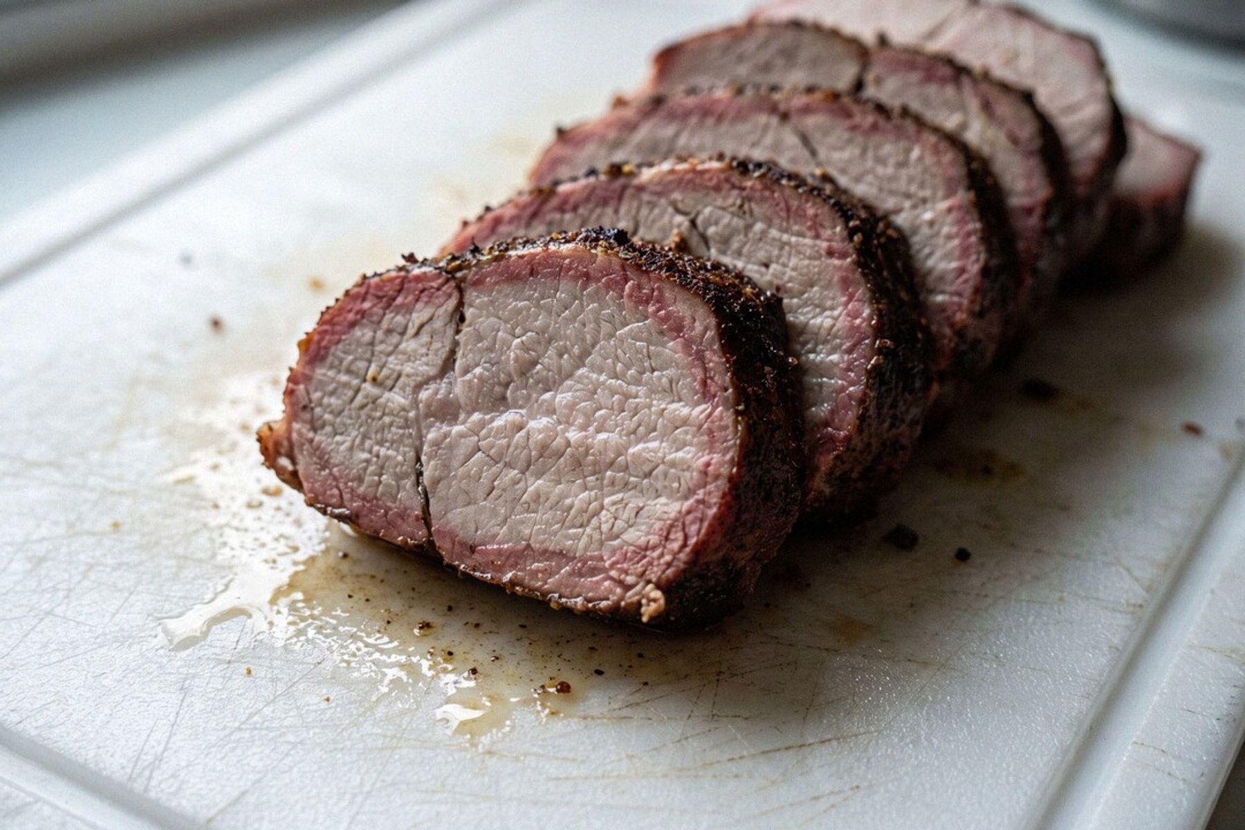 A smoked pork tenderloin sliced into medallions on a cutting board, dark seasoned bark around juicy pale slices