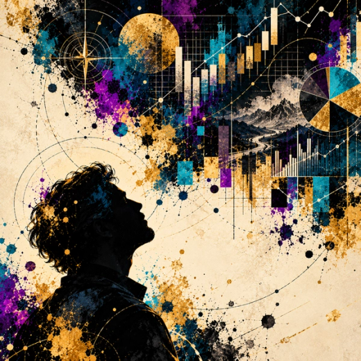 A silhouetted figure gazes upward at a colorful abstract composition of financial charts, geometric shapes, and interconnected lines.