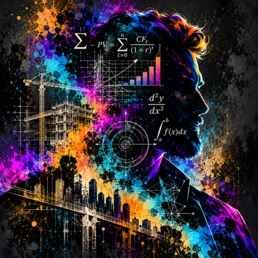 Neon-colored profile silhouette of a head filled with equations, charts and a city skyline under construction.