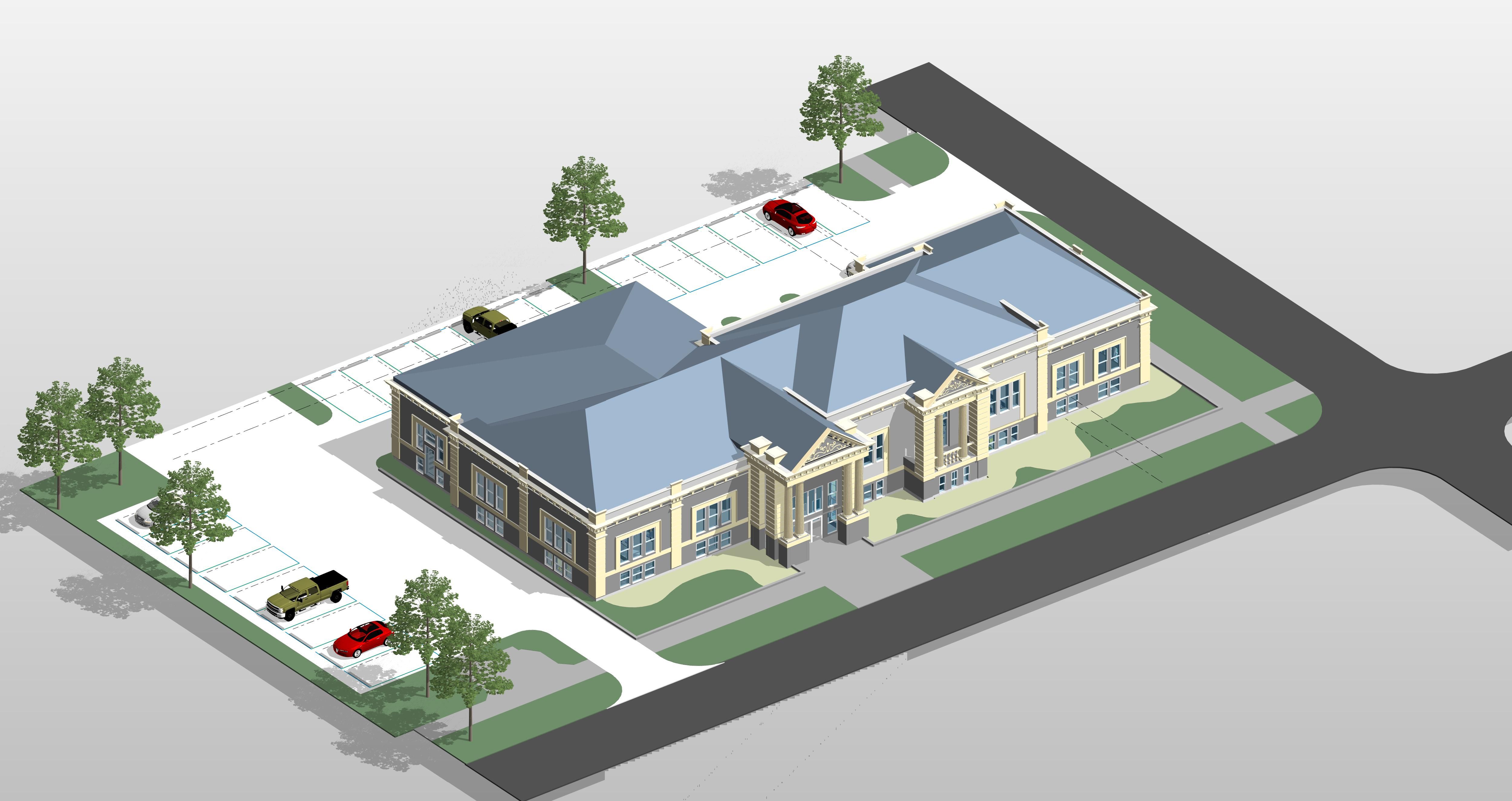 Vista tridimensional de um edifício de biblioteca, com cobertura, fachadas e estacionamento modelados.