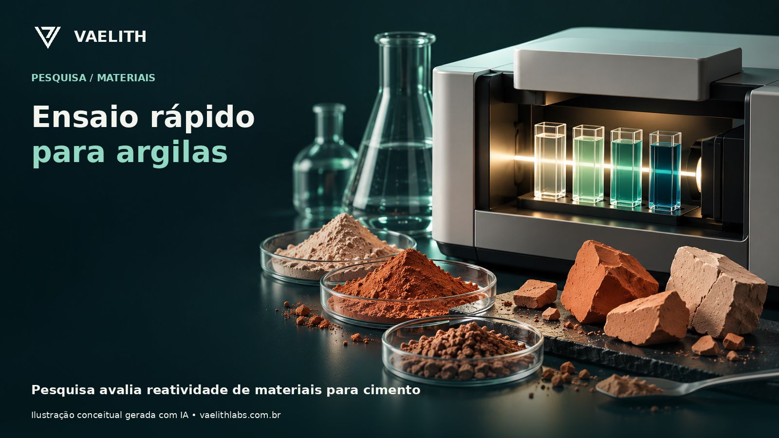Ilustração conceitual de laboratório com amostras de argila e ensaio colorimétrico.
