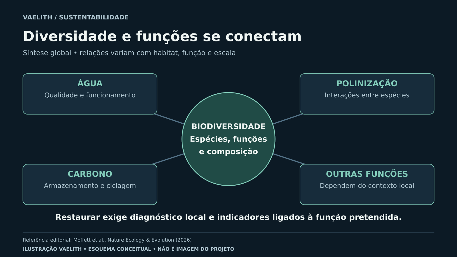 Rede conceitual relaciona biodiversidade a água, polinização, carbono e outras funções, ressaltando a dependência do contexto local.